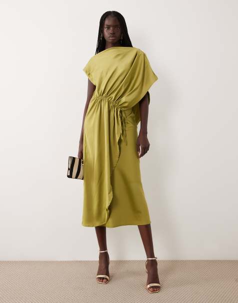 YAS cinched waist draping satin maxi dress in olive green - view 1