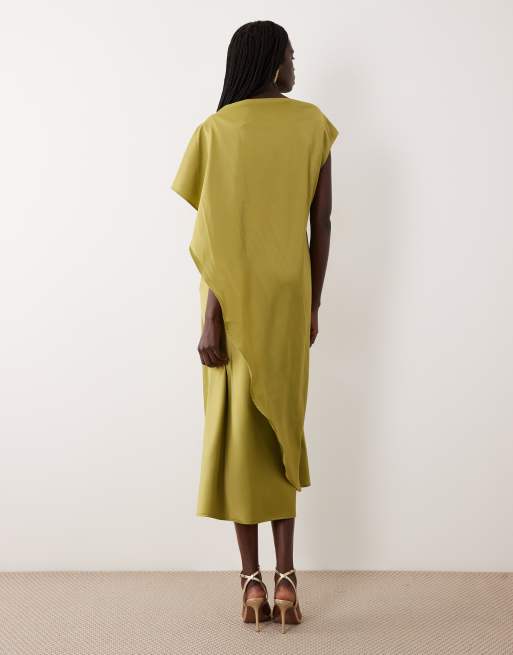 YAS cinched waist draping satin maxi dress in olive green, 2 of 4