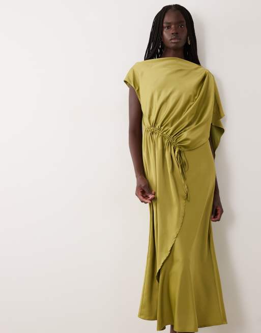 YAS cinched waist draping satin maxi dress in olive green, 3 of 4