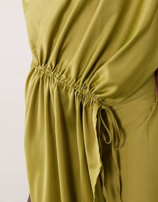 YAS cinched waist draping satin maxi dress in olive green, 4 of 4