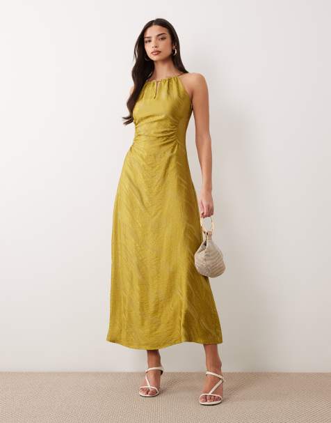 YAS cinched waist textured satin maxi dress in olive green - view 1