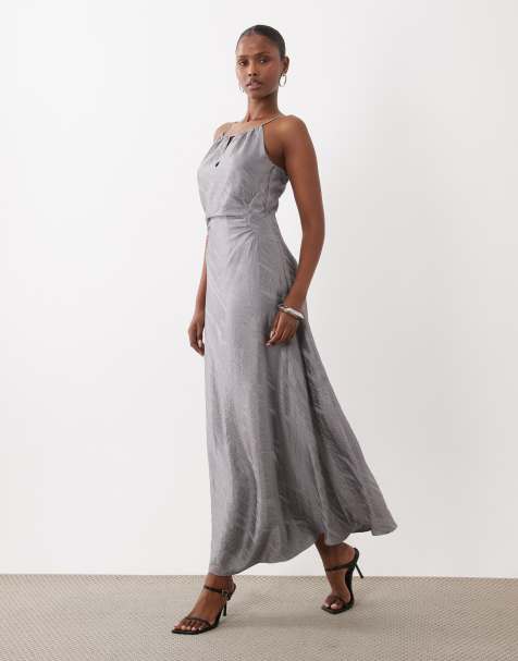 YAS cinched waist textured satin maxi dress in silver - view 1
