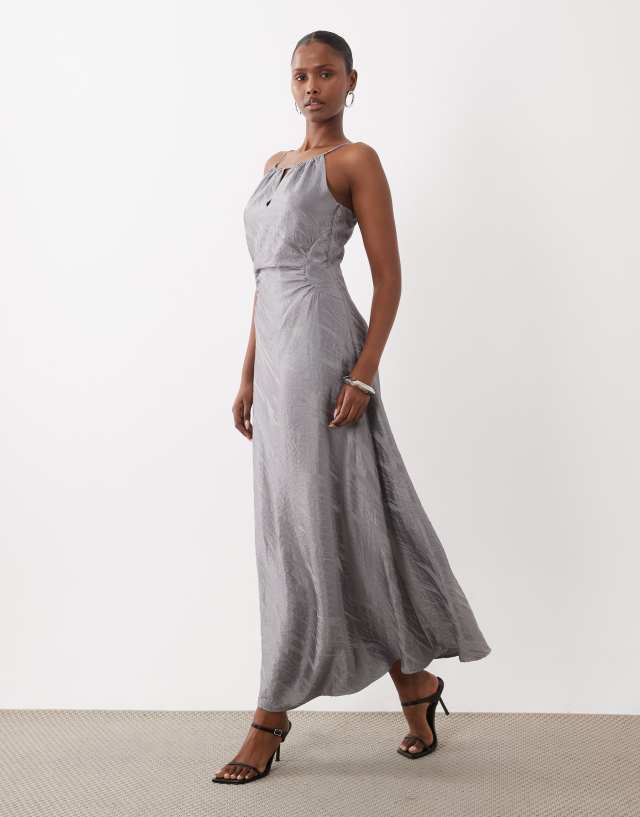 a line dress with cinched waist YAS textured satin maxi in silver Ashley Stewart Knotted Midaxi type: Dress A narrow sleeveless cut Rush Service:With Rush+$19.99