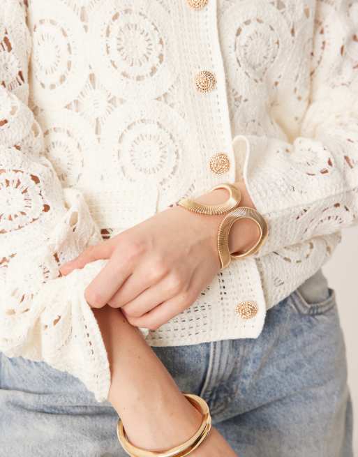 YAS circle crochet knit cardigan with gold button detail in cream, 2 of 4