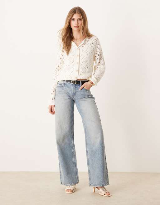 YAS circle crochet knit cardigan with gold button detail in cream, 3 of 4