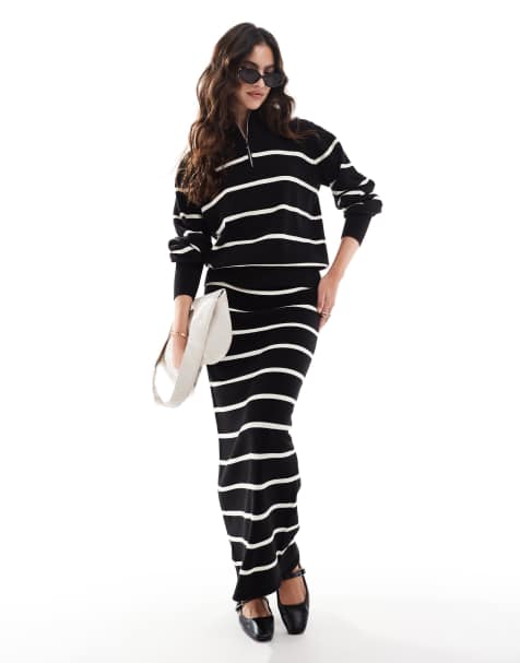 YAS - Co-ord set van gebreide gestreepte trui en maxi rok in zwart en crème - view 1