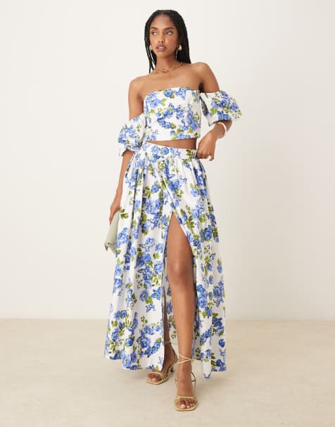 YAS - Co-ord set van top met blote schouder en maxi rok in blauwe en witte bloemenprint - view 1