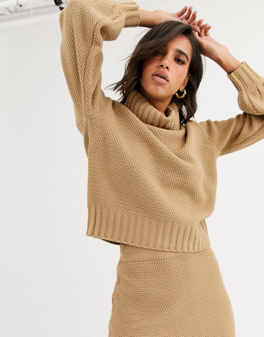 Y.A.S co-ord waffle knit jumper with roll neck in camel-Yellow