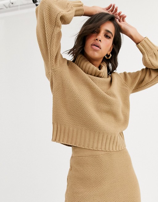 Y.A.S co-ord waffle knit jumper with roll neck in camel