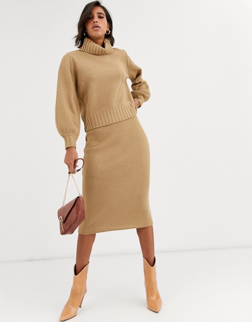 Y.A.S co-ord waffle knit midi skirt in camel