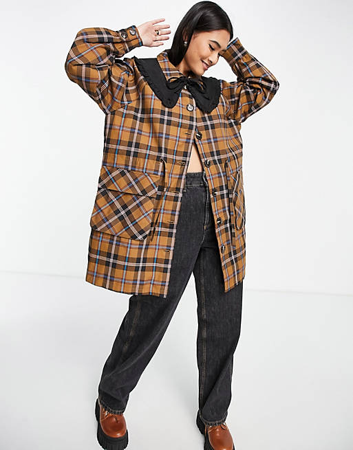Women YAS coat with detachable collar in brown check 