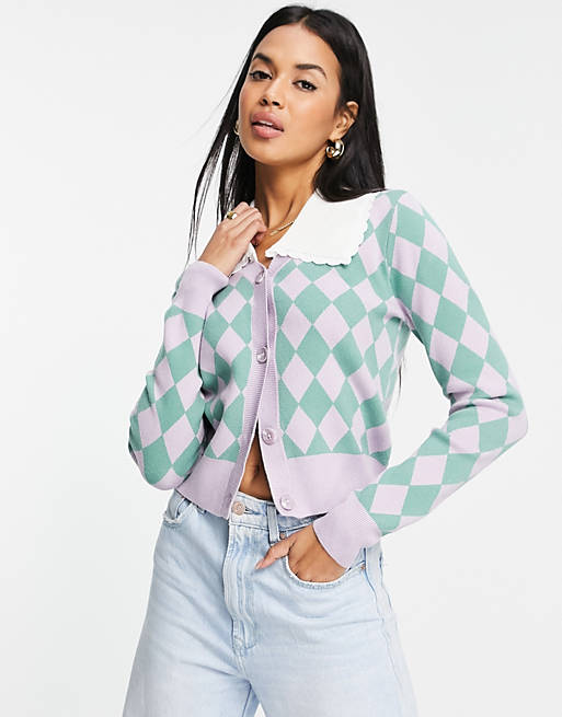Y.A.S collar detail cardigan in lilac and green checkerboard