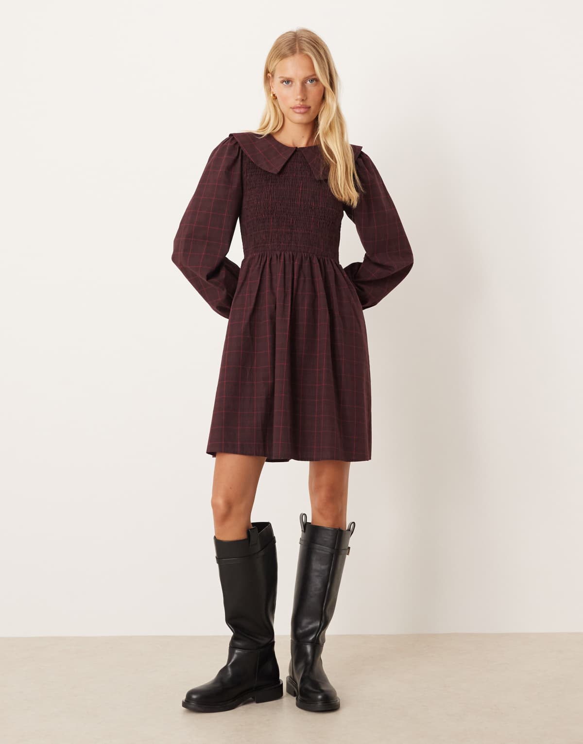 YAS collared smock mini dress in burgundy check