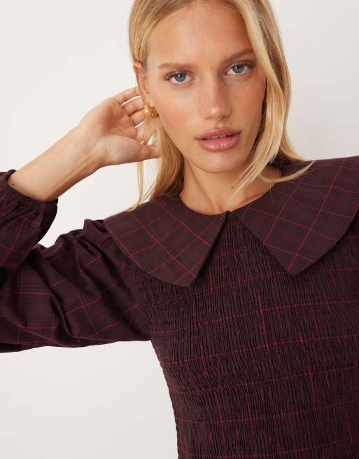 YAS collared smock mini dress in burgundy check, 2 of 4