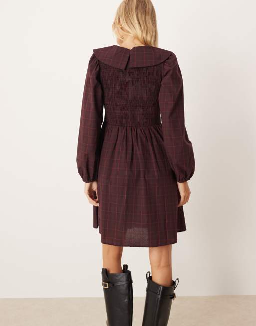 YAS collared smock mini dress in burgundy check, 3 of 4