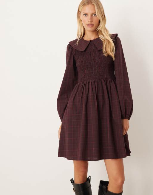 YAS collared smock mini dress in burgundy check, 4 of 4