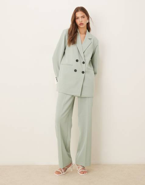 YAS - Completo con blazer sartoriale doppiopetto oversize e pantaloni dritti a vita alta verde iceberg - view 1