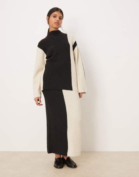 YAS - Completo in maglia crema e nera a contrasto con gonna lunga e maglione - view 1