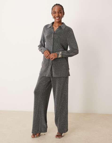 YAS - Completo nero glitterato con camicia a maniche lunghe e pantaloni con fondo ampio - view 1