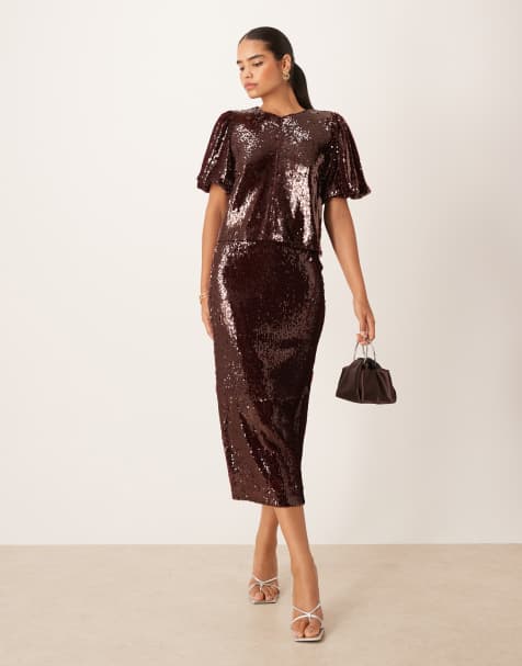 YAS - Completo premium bordeaux con gonna midi e top in paillettes - view 1