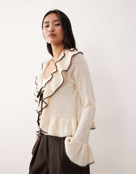 YAS constrast frill detail tie front cardigan in birch cream - view 1