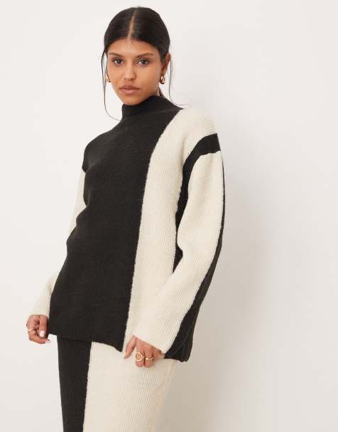 YAS constrast knitted jumper in black and cream (part of a set) - view 1
