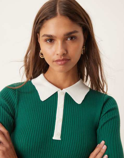 YAS contrast collar knitted polo in green - view 1