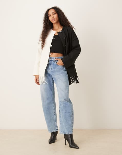 YAS contrast jacket with fringe hem in black and cream - view 1