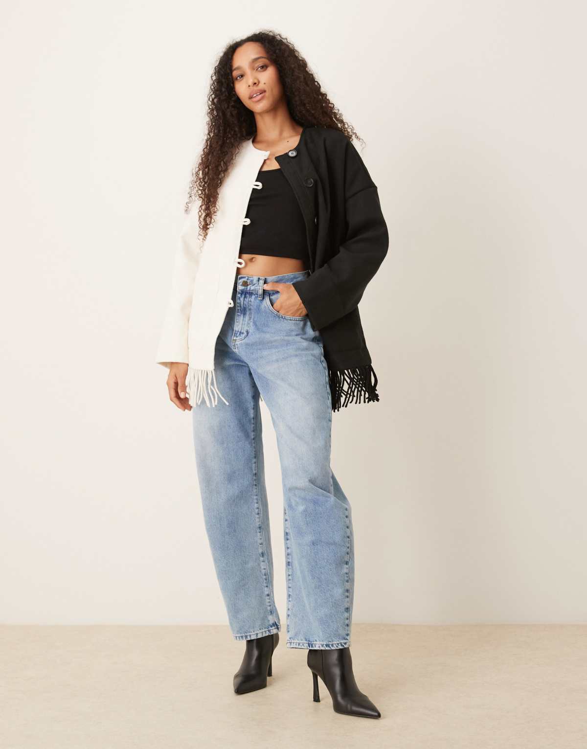 YAS contrast jacket with fringed hem in black and cream