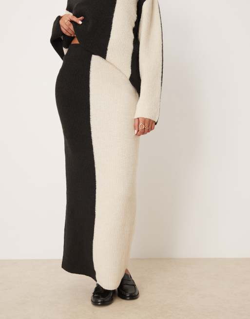 YAS contrast knitted maxi skirt co-ord in black and cream, 2 of 5