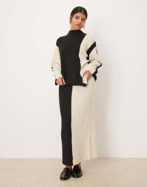 YAS contrast knitted maxi skirt in black and cream (part of a set) - view 1