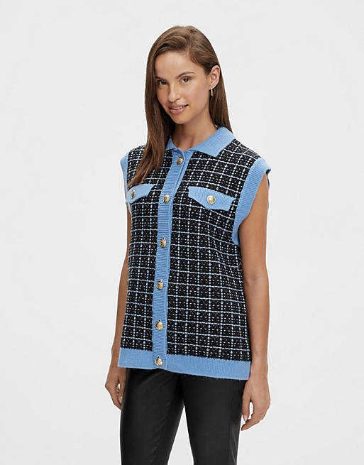 Women YAS contrast knitted vest in blue & black check 