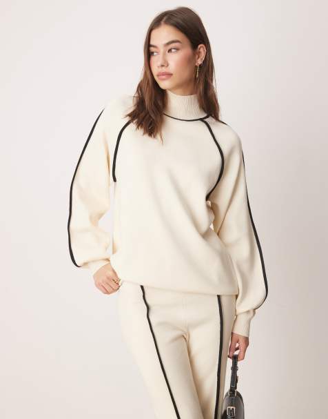 YAS contrast seam high neck jumper co-ord cream and black  - view 1