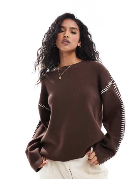 YAS contrast stitch detail jumper in brown - BRONZE - view 1