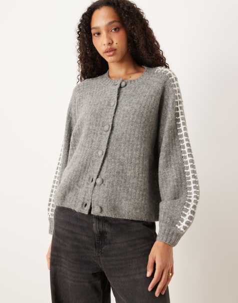 YAS contrast stitch detail soft cardigan in medium grey melange - view 1