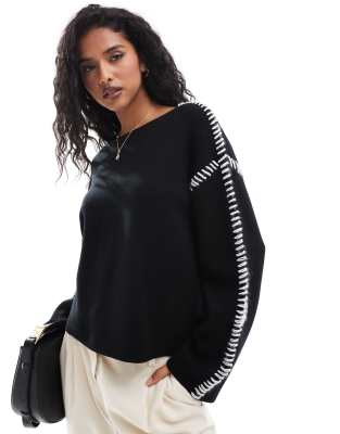 contrast stitch detail sweater in black