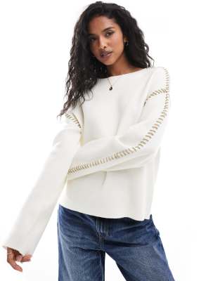 contrast stitch detail sweater in cream-White