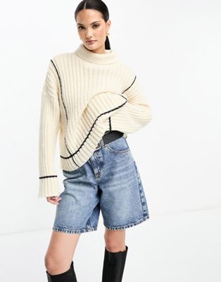 Y.A.S contrast stitch ribbed jumper in cream and black | ASOS