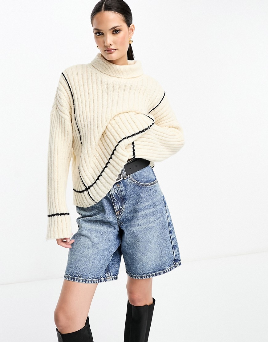 Y. A.S contrast stitch ribbed jumper in cream and black