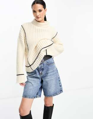 Y.A.S contrast stitch ribbed jumper in cream and black