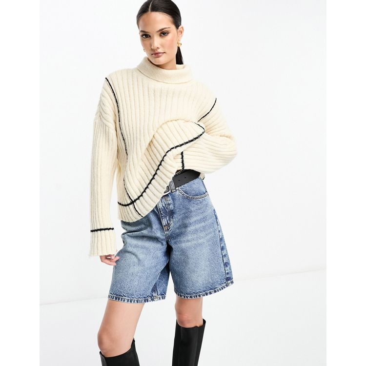 Y.A.S contrast stitch ribbed sweater in cream and black