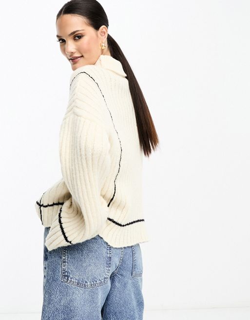 Y.A.S ribbed knitted sweater with attached scarf detail in cream
