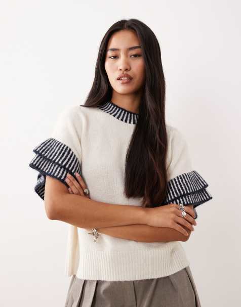 YAS contrast trim knit tank top with wool in cream - view 1