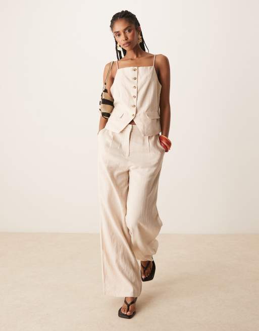 YAS - Coordinato sartoriale color panna mélange in misto lino con gilet e pantaloni