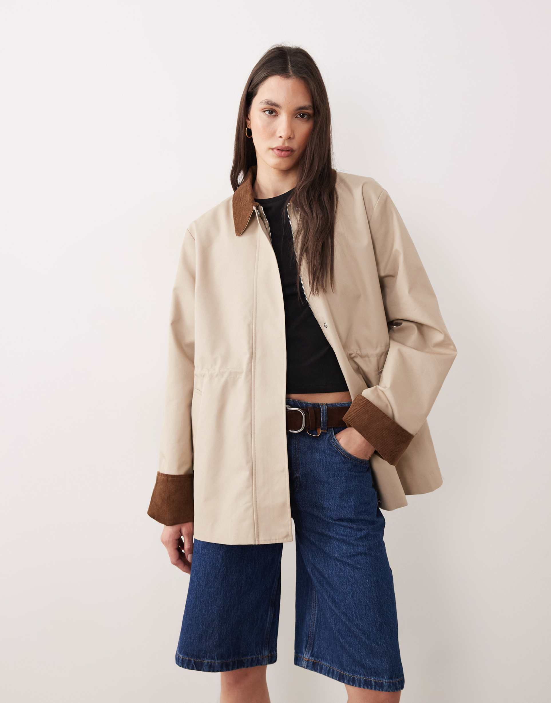 yas corduroy trim twill barn jacket in oxford beige