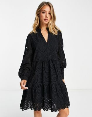 Y.A.S cotton broderie mini dress in black