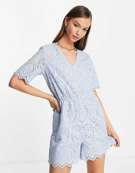 Y.A.S cotton broderie playsuit in pale blue - MBLUE - view 1