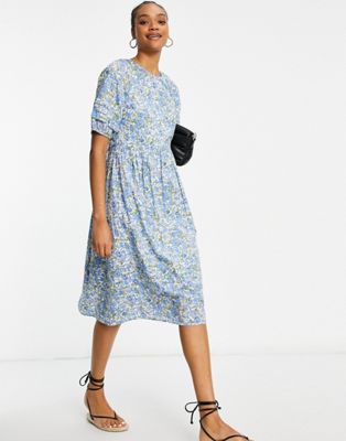 Y.A.S cotton midi smock dress in blue ditsy floral - MULTI - ASOS Price Checker