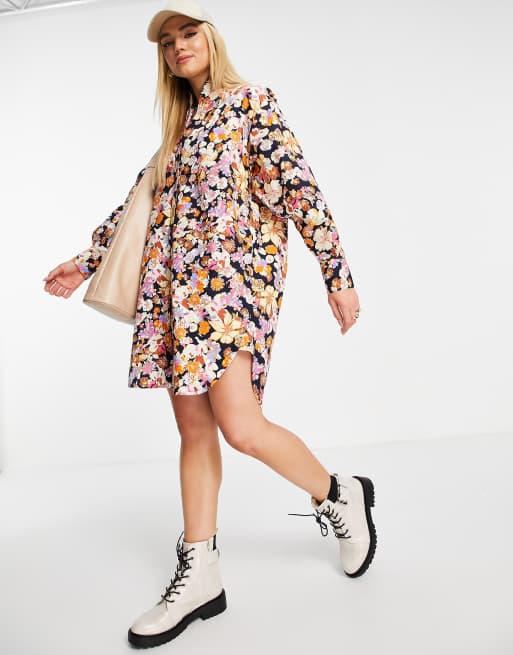 Y.A.S cotton mini shirt dress in floral printed poplin