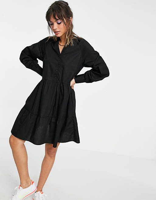 Y.A.S cotton poplin mini smock dress with v neck in black
